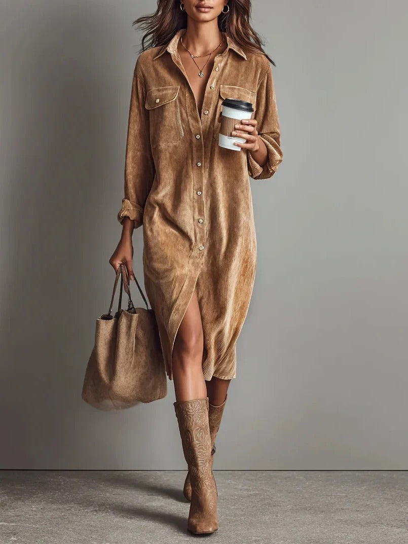 Women's Corduroy Double Pocket Midi Shirt Dress