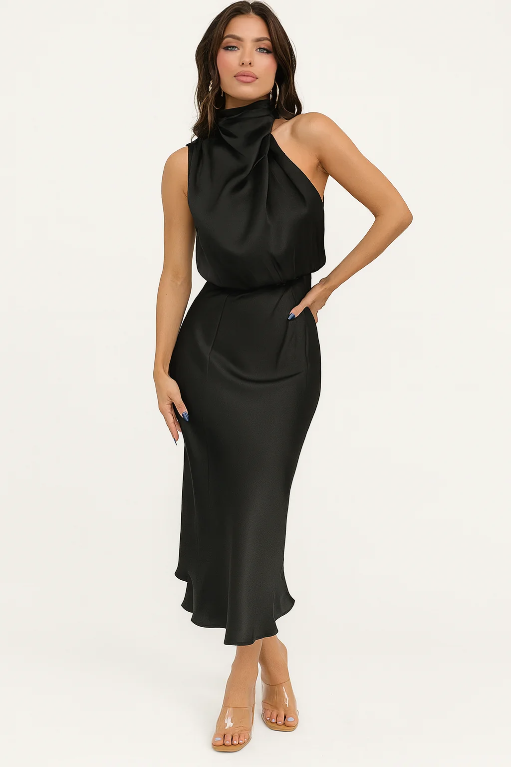 Women's One-Shoulder Satin Midi Dress