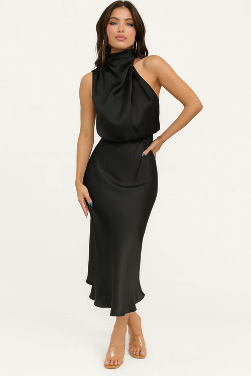 Women's One-Shoulder Satin Midi Dress
