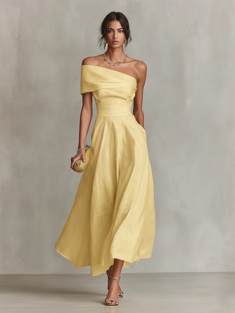 Women's One-Shoulder Yellow Linen Midi Dress