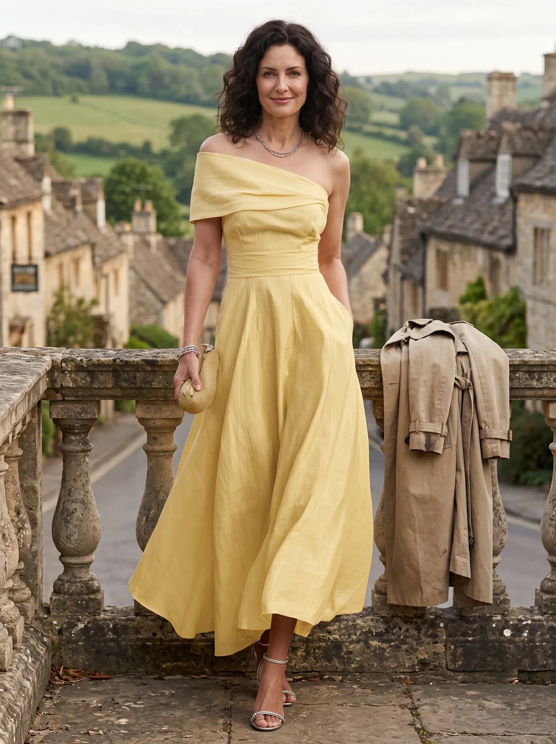 Women's One-Shoulder Yellow Linen Midi Dress