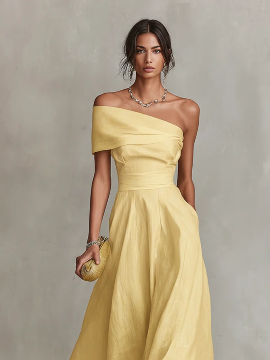 Women's One-Shoulder Yellow Linen Midi Dress