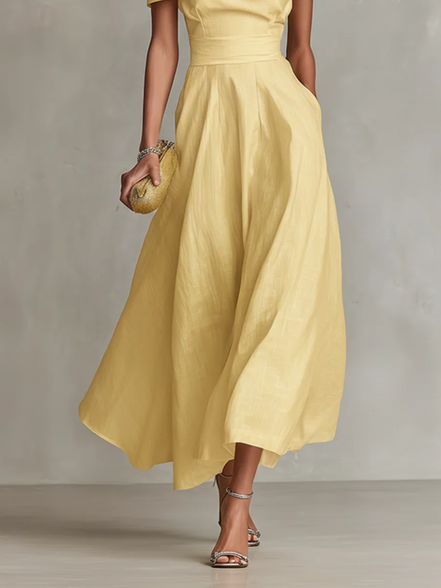 Women's One-Shoulder Yellow Linen Midi Dress